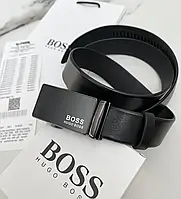 Ремень мужской кожаный с пряжкой автомат Hugo Boss в подарочной упаковке черный кожаный пояс в коробочке