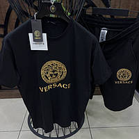Versace мужской брендовый летний комплект черная футболка и черные шорты Версаче 002