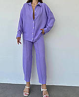 Легкий базовый летний женский прогулочный костюм двойка американская креп жатка удлиненная рубашка брюки Сиреневый, 42/44