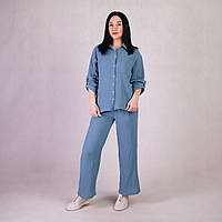 Женский летний костюм свободные штаны и рубашка муслин однотонный синий р. 42-54