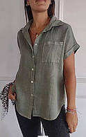 Рубашка женская льняная с коротким рукавом. Рубашка легкая удлиненная, размер 42-44; 46-48; 50-52 лен жатый S/M, 42/44, Оливка