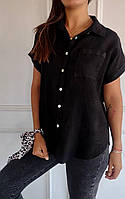 Рубашка женская льняная с коротким рукавом. Рубашка легкая удлиненная, размер 42-44; 46-48; 50-52 лен жатый S/M, 42/44, Черный