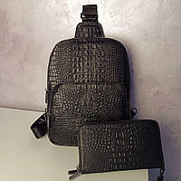 Набір сумка і чоловічий гаманець. Шкіряна сумка слінг. Чорна сумка з крокодила. Клатч чоловічий.