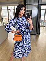 Женское легкое нарядное весеннее базовое платье миди талия на кулиске софт принт больших размеров батал OS 56/58, Синий