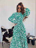 Стильное женское легкое нарядное платье миди принт пояс на резинке качественный штапель с длинным рукавом OS 48, Зеленый