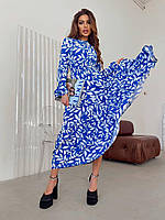Стильное женское легкое нарядное платье миди принт пояс на резинке качественный штапель с длинным рукавом OS 44, Синий