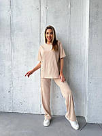 Женский базовый летний прогулочный костюм рубчик брюки палаццо широкая футболка свободного кроя Турция OS 50/52, Бежевый