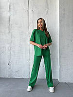Женский базовый летний прогулочный костюм рубчик брюки палаццо широкая футболка свободного кроя Турция OS 42/44, Трава
