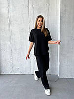 Женский базовый летний прогулочный костюм рубчик брюки палаццо широкая футболка свободного кроя Турция Черный,