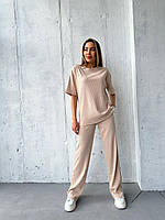Женский базовый летний прогулочный костюм рубчик брюки палаццо широкая футболка свободного кроя Турция