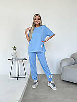 Стильный женский летний прогулочный спортивный костюм двойка брюки джогеры широкая футболка свободного кроя OS 42/44, Голубой