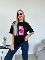 Базовая летняя легкая модная женская футболка с принтом хорошего качества 100% хлопок свободная оверсайз OS Черный