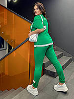 Женский прогулочный летний костюм батал брюки на манжете футболка с белой вставкой батал кулир турецкий OS 58/60, Зеленый