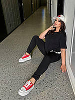 Женский прогулочный летний костюм батал брюки на манжете футболка с белой вставкой батал кулир турецкий VV