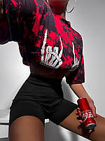 Модный прогулочный костюм для тренировок укороченный кроп топ шорты велосипедки пуш-ап с принтом рубчик OS 42/44, Красный
