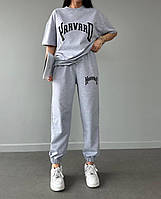 Стильный женский летний прогулочный спортивный костюм Harvard брюки джогеры удлиненная футболка двунитка OS 48/50, Серый