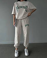 Стильний жіночий літній спортивний костюм Harvard брюки джогери подовжена футболка двонитка OS 42/46, Бежевий
