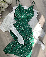 Красивое нежное женское легкое летнее платье в цветочный принт миди комплект двойка с рубашкой софт OS 42/44, Зеленый