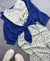 Красивое нежное женское легкое летнее платье в цветочный принт миди комплект двойка с рубашкой софт OS 42/44, Электрик