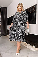 Женское легкое нарядное весеннее базовое платье миди креп-жатка цветочный принт больших размеров батал OS