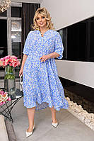 Женское легкое нарядное весеннее базовое платье миди креп-жатка цветочный принт больших размеров батал OS 56/58, Голубой