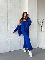 Легкий базовый летний женский прогулочный костюм тройка турецкая креп жатка рубашка майка брюки OS 46, Электрик