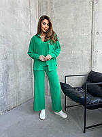 Легкий базовый летний женский прогулочный костюм тройка турецкая креп жатка рубашка майка брюки OS 46, Зеленый