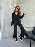 Легкий базовый летний женский прогулочный костюм тройка турецкая креп жатка рубашка майка брюки OS 42, Черный