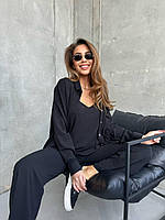 Легкий базовый летний женский прогулочный костюм тройка турецкая креп жатка рубашка майка брюки OS 44, Черный