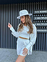 Легкий базовый летний женский прогулочный костюм тройка турецкая креп жатка рубашка топ шорты OS 46/48, Белый