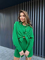 Легкий базовый летний женский прогулочный костюм тройка турецкая креп жатка рубашка топ шорты OS 42/44, Зеленый