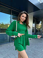 Легкий базовый летний женский прогулочный костюм тройка турецкая креп жатка рубашка топ шорты Зеленый, 46/48