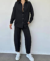 Легкий базовый летний женский прогулочный костюм двойка американская креп жатка удлиненная рубашка брюки OS 50/52, Черный