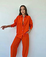Легкий базовый летний женский прогулочный костюм двойка американская креп жатка удлиненная рубашка брюки OS 42/44, Оранжевый