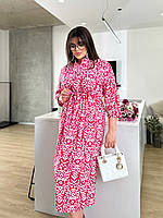 Женское легкое нарядное весеннее базовое платье миди талия на кулиске софт принт больших размеров батал