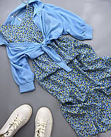 Красивое нежное женское стильное легкое летнее платье в цветочный принт миди комплект двойка с рубашкой софт