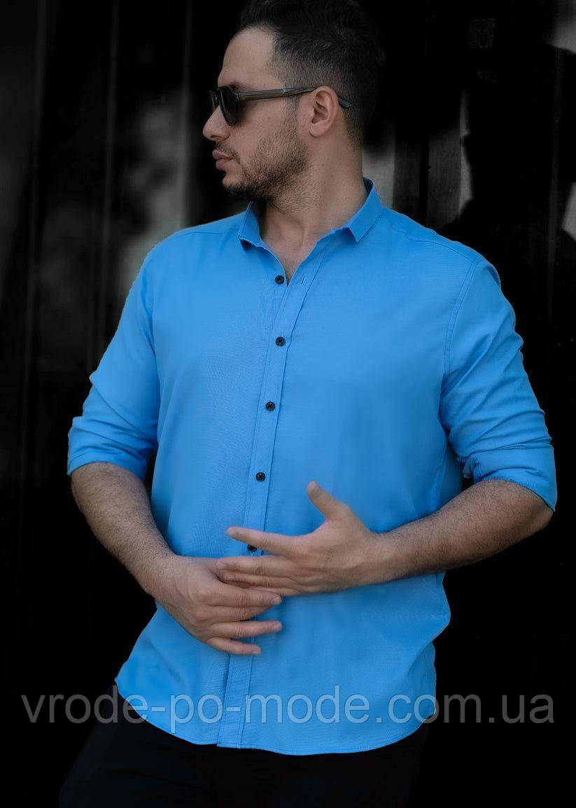 Стильна бавовняна блакитна сорочка молодіжна з довгим рукавом і модним коротким коміром, Туреччина