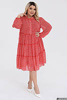 Шифонова жіноча сукня вільного крою з довгими рукавами червоного кольору великого розміру  / батал 50