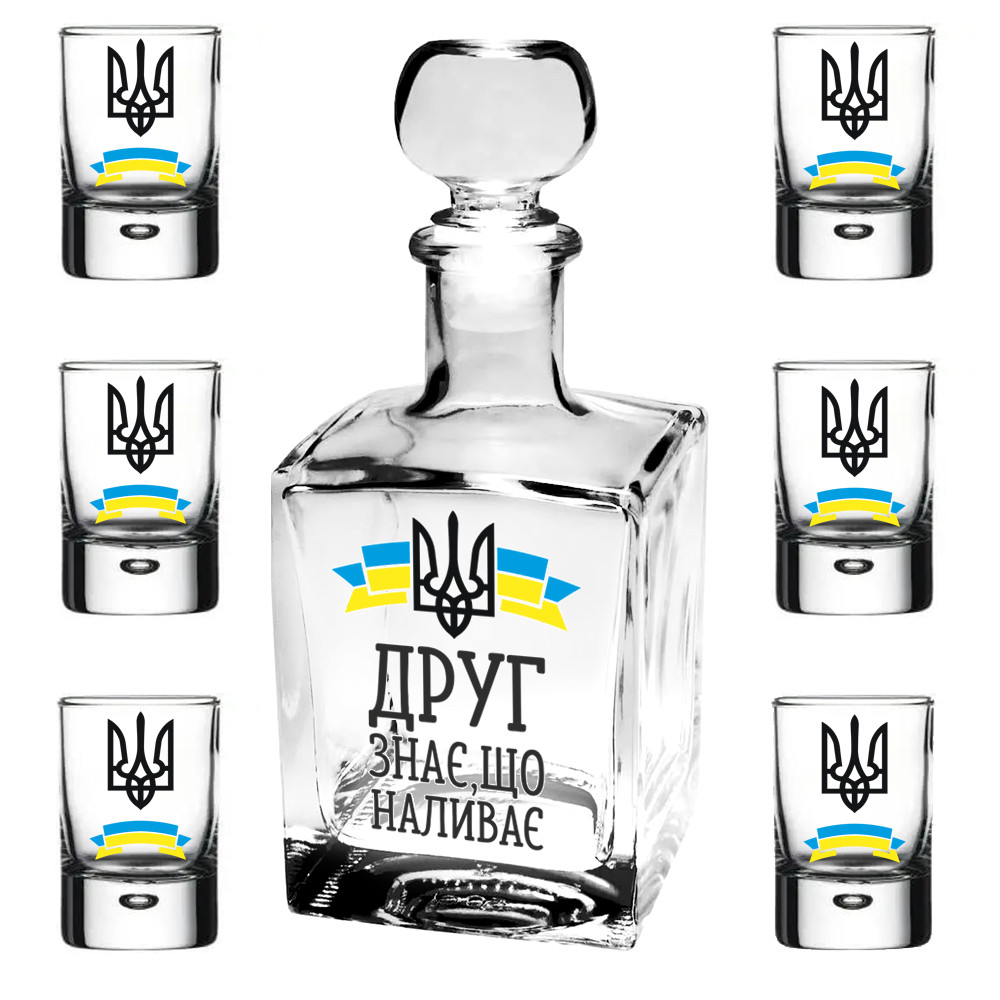 Подарунковий набір " Графин-куб 500 мл + 6 чарок - Друг знає, що наливає"
