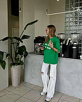 Жіноча базова, турецька оверсайз футболка з написом. Котонова подовжена футболка з куліру, малинова та зелена