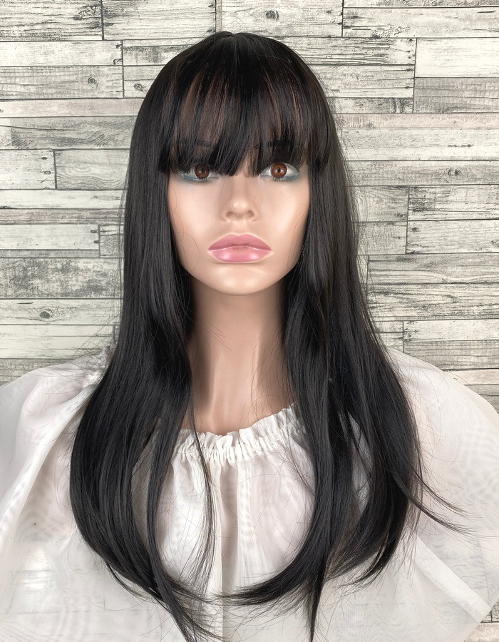 Перука жіноча середньої довжини чорний рівний з челкою і проділом 55 см, фото 1