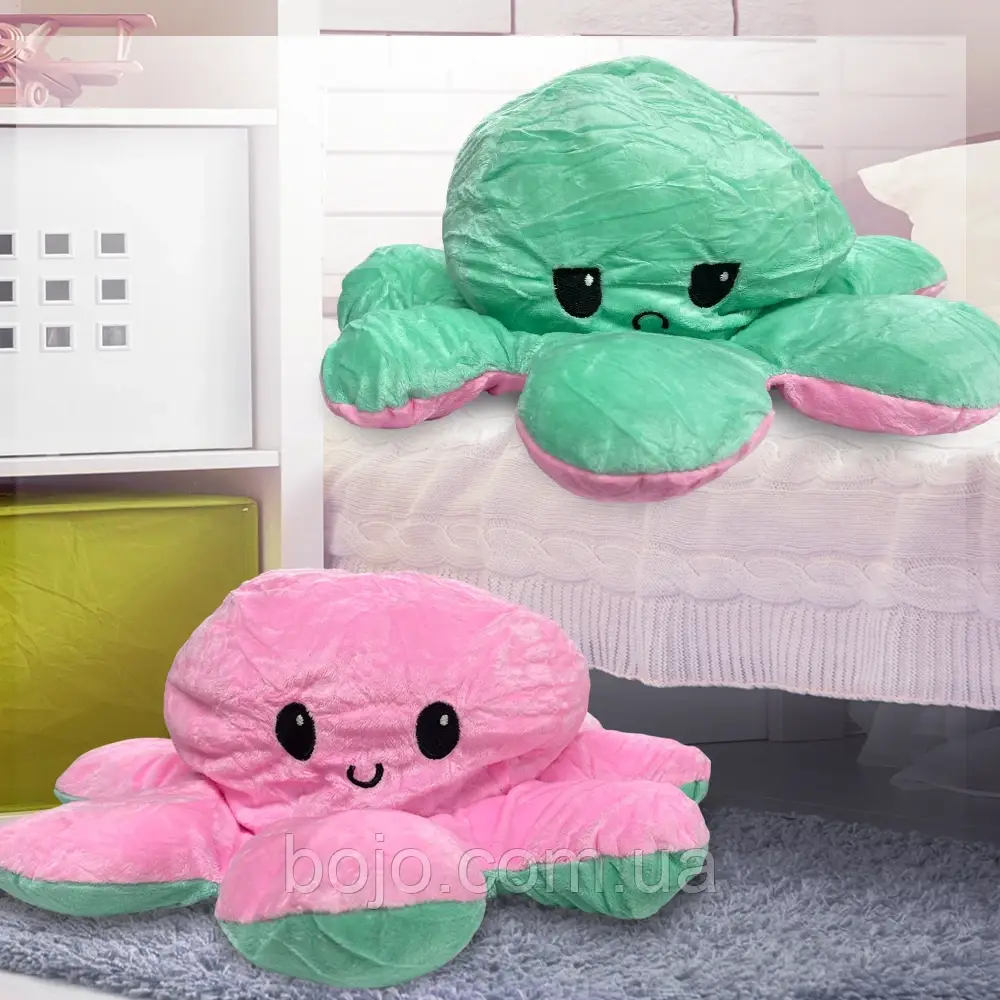 Восьминіг-перевертень двостороння іграшка - антистрес 30 см, Рожевий/Лаймовий (GZ)