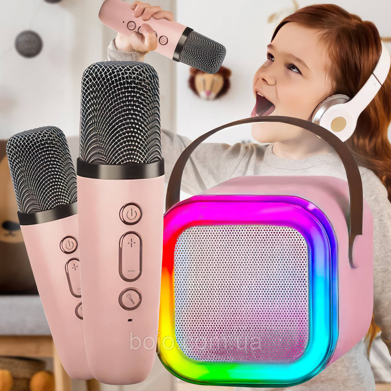 Портативна бездротова bluetooth караоке-колонка з rgb підсвічуванням K12 з 2 мікрофонами K12 Рожевий (205)