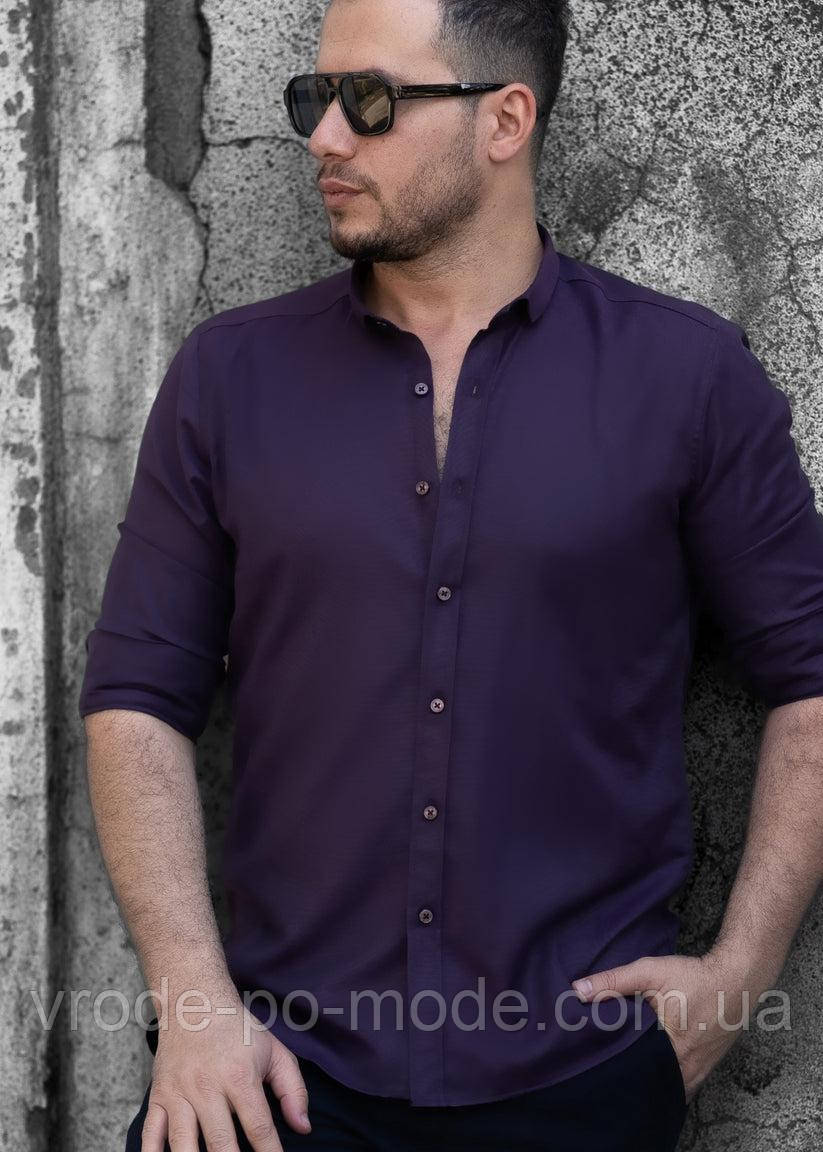 Стильна бавовняна фіолетова сорочка з довгим рукавом та модним міні коміром, Туреччина