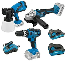 Набір акумуляторного інструменту KRAISSMANN 20UL (Краскопульт, болгарка, шурупокрут, 2 АКБ і зарядний)