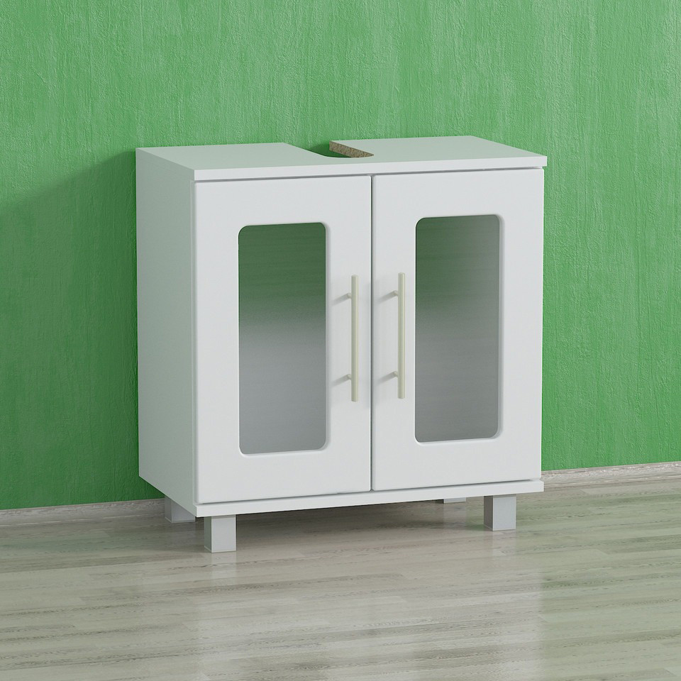 Тумба для ванної з фасадом зі скла, шафа під умивальник для ванної з подвійними дверцятами на 2 полиці, фото 1