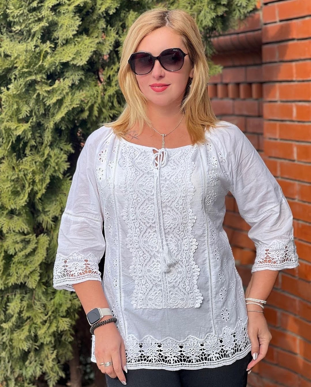 Біла жіноча блузка з мереживом натуральна тканина 100% бавовна з 46 по 52 р, фото 1