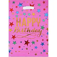 Пакеты подарочные фольгированные "Happy Birthday звёзды на розовом" 17х25 см 10 штук