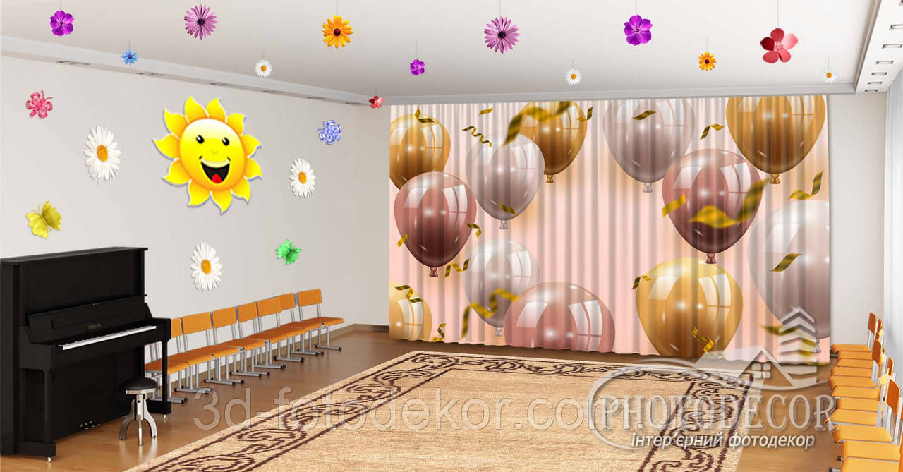 Фото Штори в дитячий садок на випускний "Надувні кулі з блискітками" - будь-який розмір, фото 1