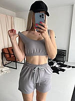 Базовый летний женский костюм топ + шорты с карманами (молочный, серый, барби)